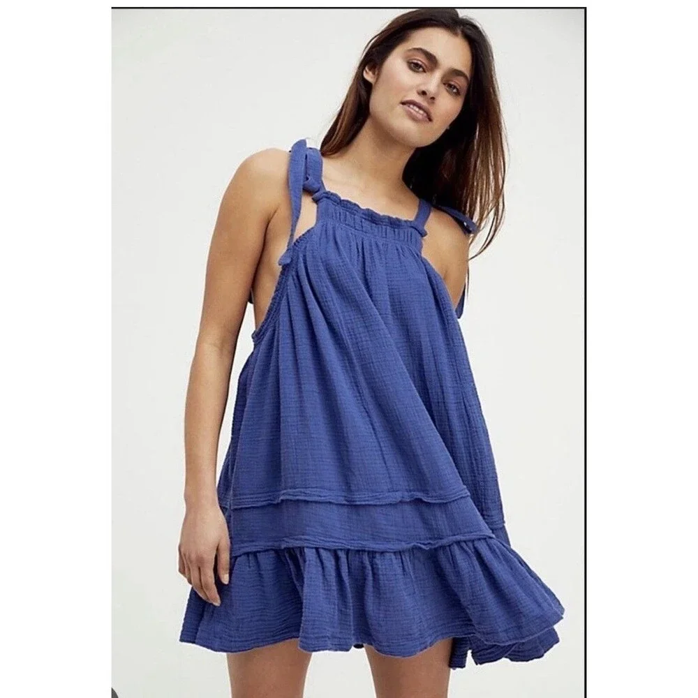Free People Blue Gauze Ruffle Scoop Neck Sleeveless Tank 100% Cotton Women's M - Picture 9 of 9